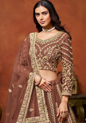 Coffee Net Hand Embroidery Semi Stitched Lehenga Choli Size Up To 42 2