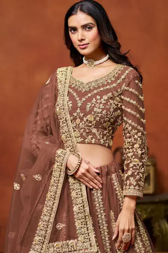 Coffee Net Hand Embroidery Semi Stitched Lehenga Choli Size Up To 42