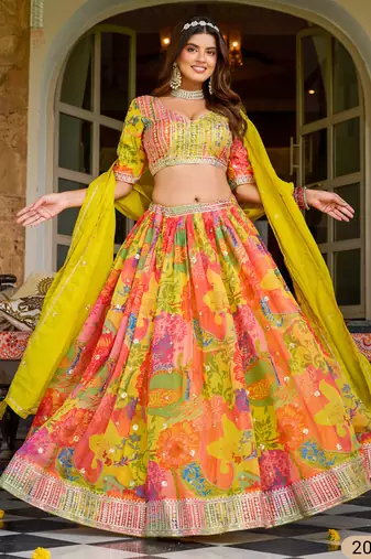 Yellow  Organza Mirror Work Semi Stitched Lehenga Choli Size Up To 42