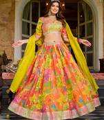 Yellow  Organza Mirror Work Semi Stitched Lehenga Choli Size Up To 42
