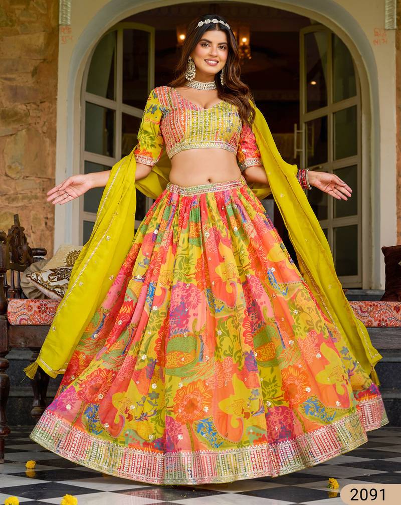 Yellow  Organza Mirror Work Semi Stitched Lehenga Choli Size Up To 42