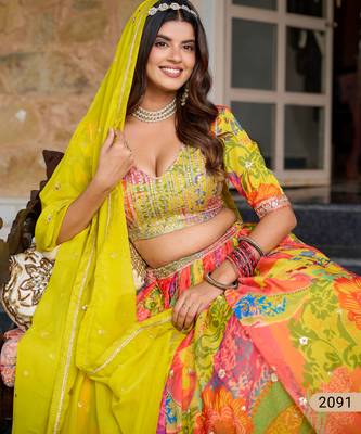 Yellow Organza Mirror Semi Stitched Lehenga Choli 2