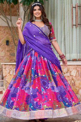 Purple Organza Mirror Work Semi Stitched Lehenga Choli Size Up To 42