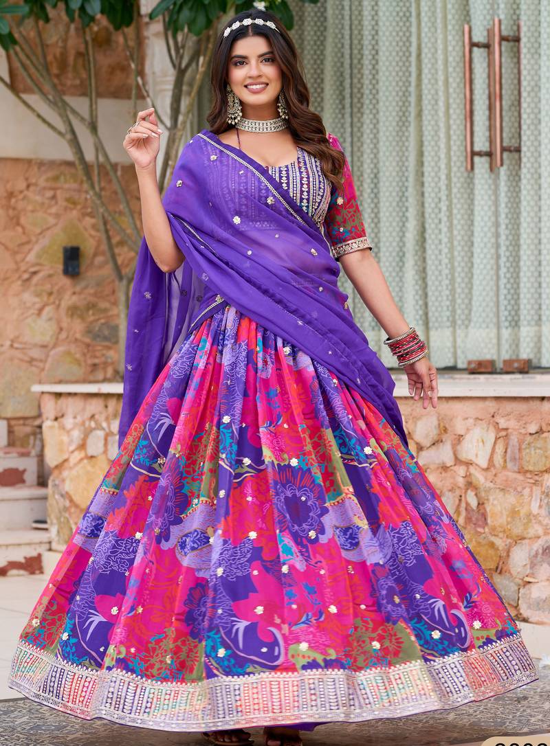 Purple Organza Mirror Work Semi Stitched Lehenga Choli Size Up To 42