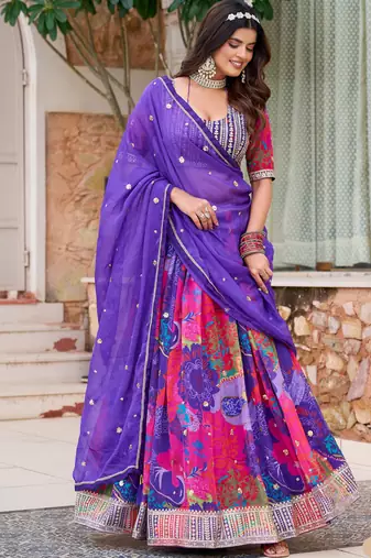 Purple Organza Mirror Work Semi Stitched Lehenga Choli Size Up To 42
