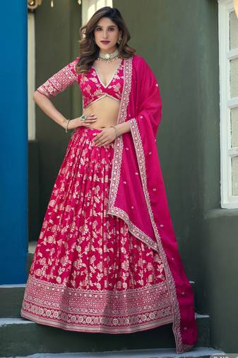 Pink  Art Silk Thread Work Semi Stitched Lehenga Choli Size Up To 42
