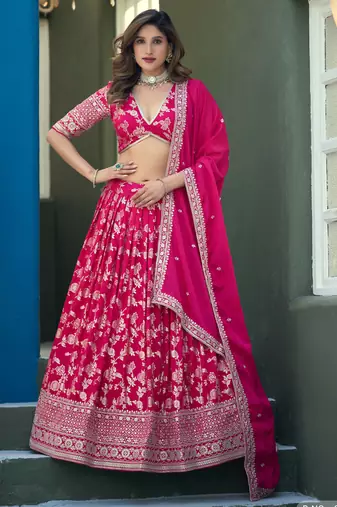 Pink  Art Silk Thread Work Semi Stitched Lehenga Choli Size Up To 42