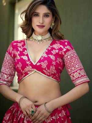 Pink  Art Silk Thread Work Semi Stitched Lehenga Choli Size Up To 42 2