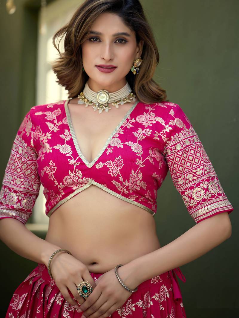 Pink  Art Silk Thread Work Semi Stitched Lehenga Choli Size Up To 42