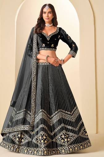 Black Velvet Zari Work Semi Stitched Lehenga Choli Size Up To 42