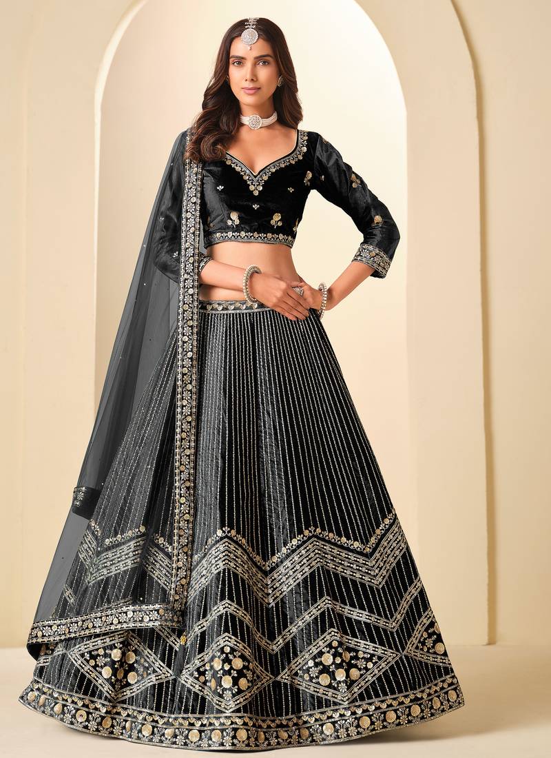 Black Velvet Zari Work Semi Stitched Lehenga Choli Size Up To 42