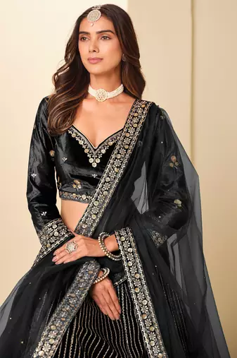 Black Velvet Zari Work Semi Stitched Lehenga Choli Size Up To 42