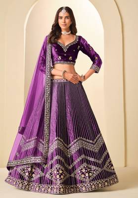 Purple Velvet Zari Work Semi Stitched Lehenga Choli Size Up To 42 1