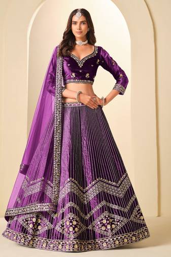 Purple Velvet Zari Work Semi Stitched Lehenga Choli Size Up To 42