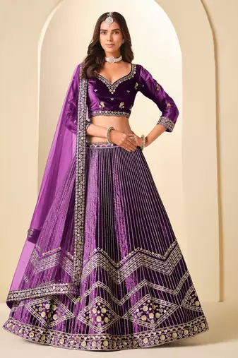 Purple Velvet Zari Work Semi Stitched Lehenga Choli Size Up To 42