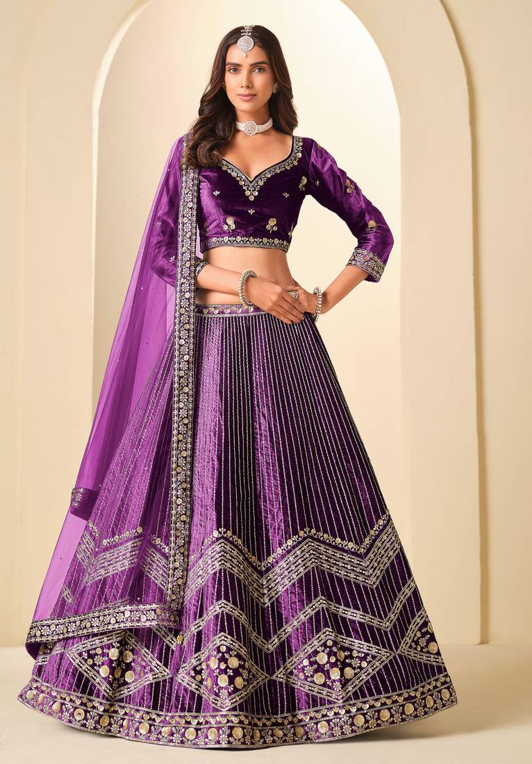 Purple Velvet Zari Work Semi Stitched Lehenga Choli Size Up To 42