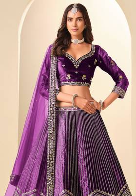 Purple Velvet Zari Work Semi Stitched Lehenga Choli Size Up To 42 2