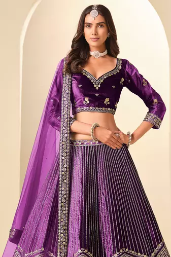 Purple Velvet Zari Work Semi Stitched Lehenga Choli Size Up To 42