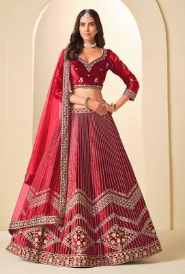 Red Velvet Zari Work Semi Stitched Lehenga Choli Size Up To 42 1