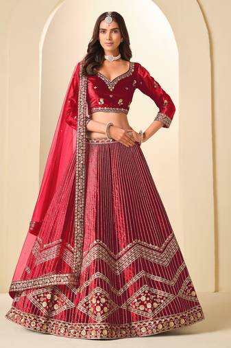 Red Velvet Zari Work Semi Stitched Lehenga Choli Size Up To 42