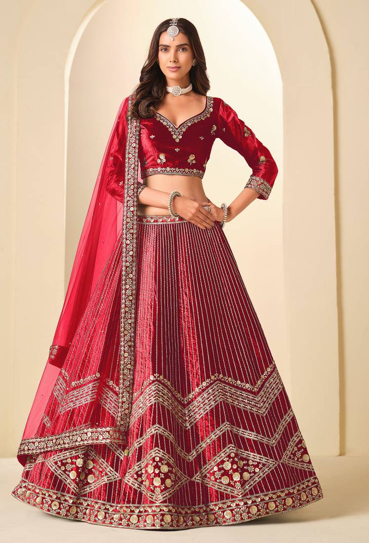 Red Velvet Zari Work Semi Stitched Lehenga Choli Size Up To 42