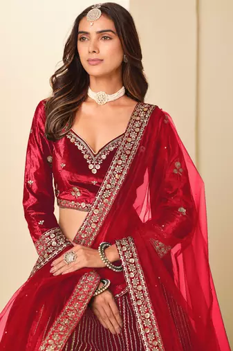Red Velvet Zari Work Semi Stitched Lehenga Choli Size Up To 42
