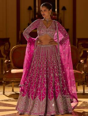 Pink Silk Mirror Work Free Size Lehenga Cholis Size Up To 42 1