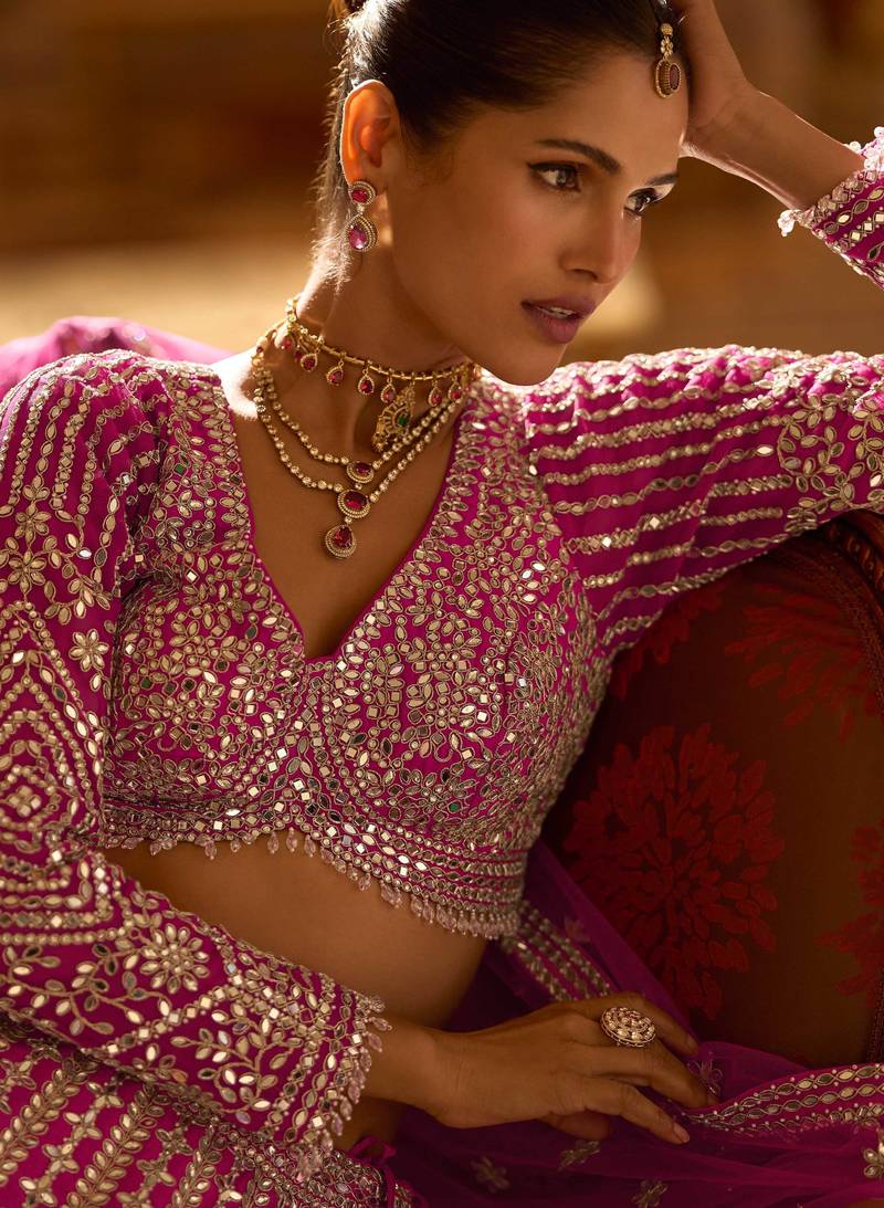 Pink Silk Mirror Work Free Size Lehenga Cholis Size Up To 42