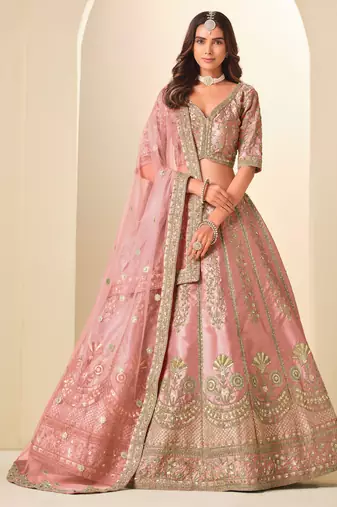 Pink Art Silk Zari Work Semi Stitched Lehenga Choli Size Up To 42