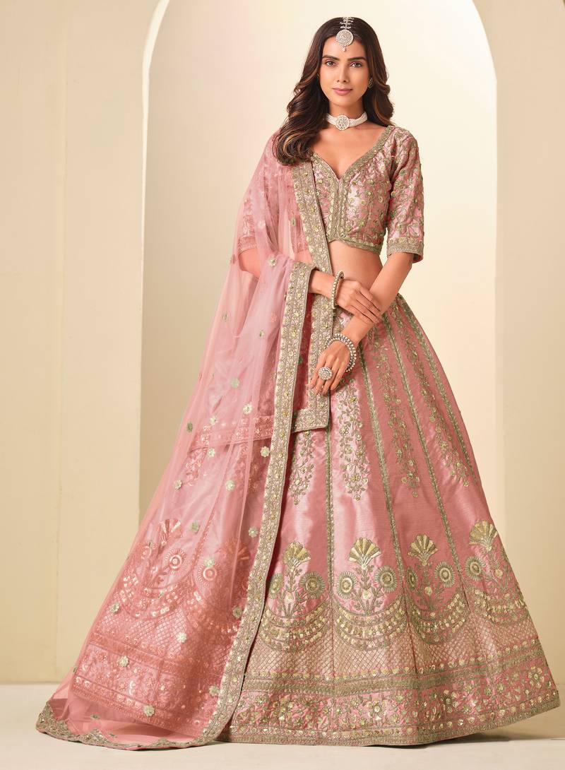 Pink Art Silk Zari Work Semi Stitched Lehenga Choli Size Up To 42
