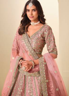 Pink Art Silk Zari Work Semi Stitched Lehenga Choli Size Up To 42 2