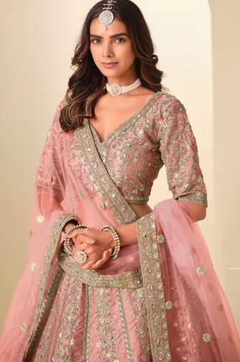 Pink Art Silk Zari Work Semi Stitched Lehenga Choli Size Up To 42