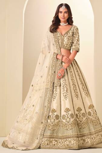 Beige Art Silk Zari Work Semi Stitched Lehenga Choli Size Up To 42