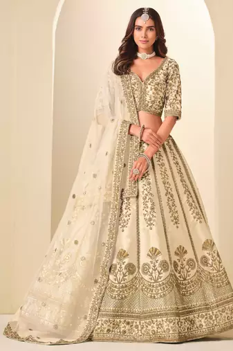 Beige Art Silk Zari Work Semi Stitched Lehenga Choli Size Up To 42