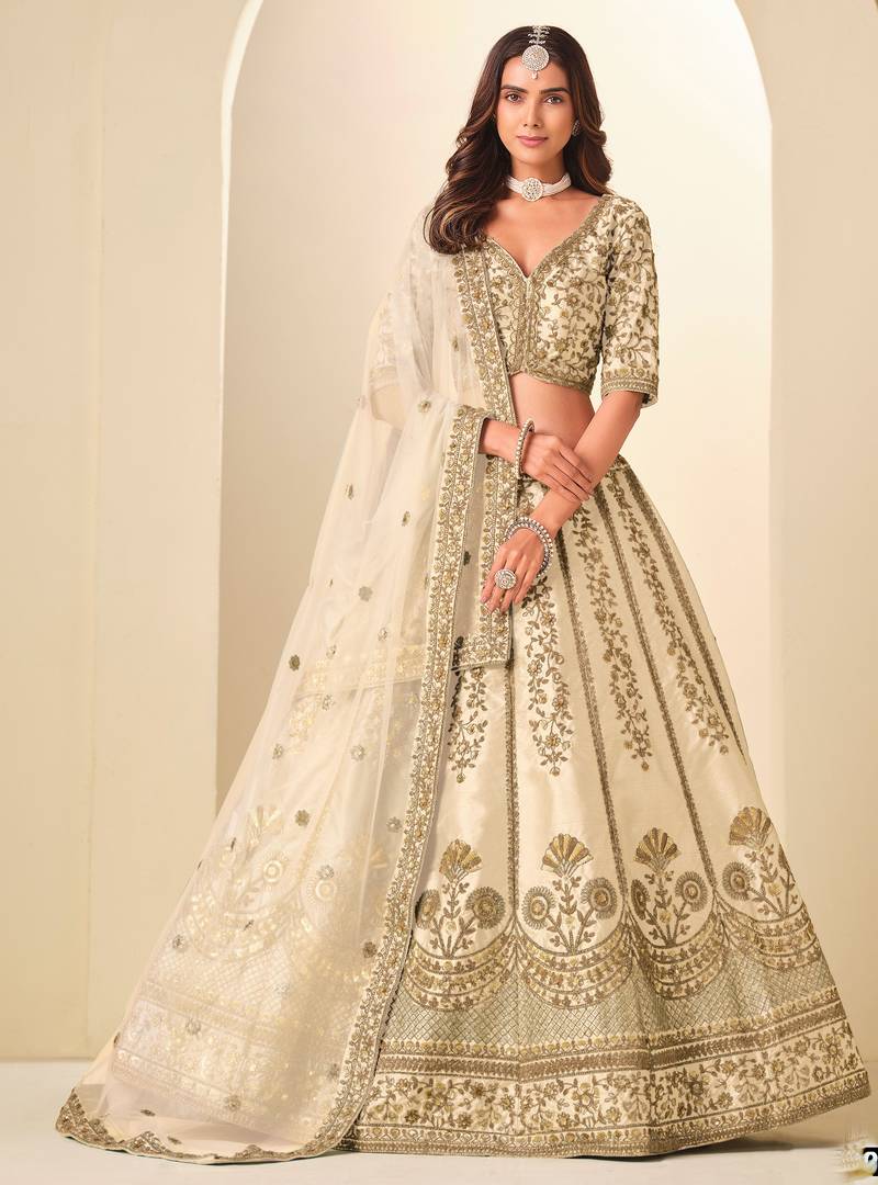 Beige Art Silk Zari Work Semi Stitched Lehenga Choli Size Up To 42