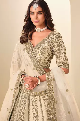 Beige Art Silk Zari Work Semi Stitched Lehenga Choli Size Up To 42