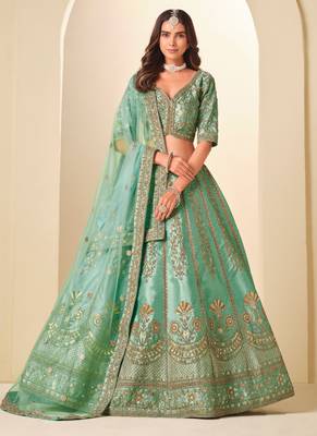 Sea Green Art Silk Zari Work Semi Stitched Lehenga Choli Size Up To 42 1