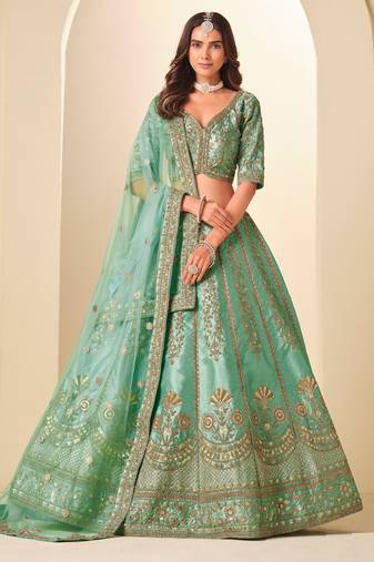 Sea Green Art Silk Zari Work Semi Stitched Lehenga Choli Size Up To 42