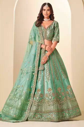 Sea Green Art Silk Zari Work Semi Stitched Lehenga Choli Size Up To 42