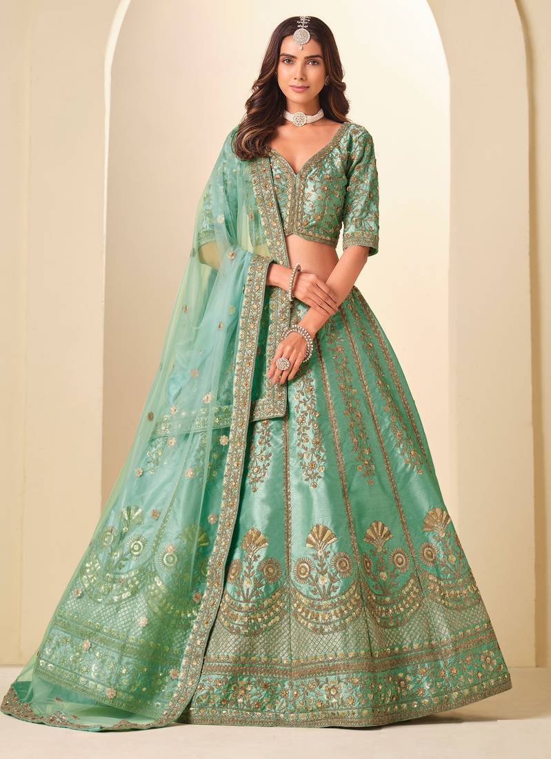 Sea Green Art Silk Zari Work Semi Stitched Lehenga Choli Size Up To 42