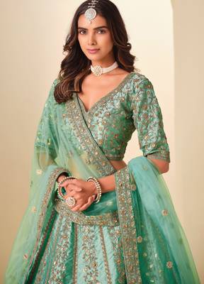 Sea Green Art Silk Zari Work Semi Stitched Lehenga Choli Size Up To 42 2