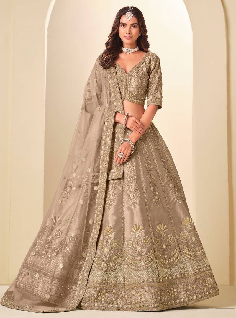 Brown Art Silk Zari Work Semi Stitched Lehenga Choli Size Up To 42