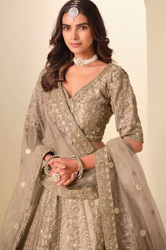 Brown Art Silk Zari Work Semi Stitched Lehenga Choli Size Up To 42