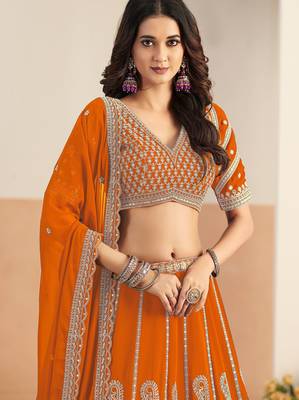 Orange Georgette Zari Work Semi Stitched Lehenga Choli Size Up To 42 1