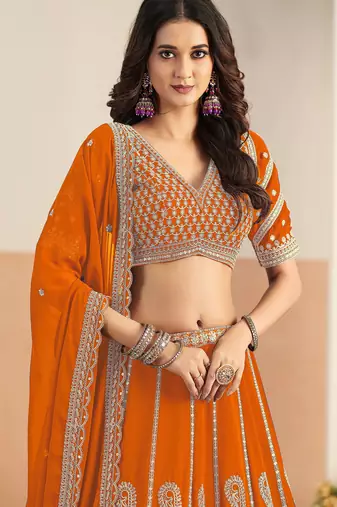Orange Georgette Zari Work Semi Stitched Lehenga Choli Size Up To 42