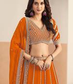 Orange Georgette Zari Work Semi Stitched Lehenga Choli Size Up To 42