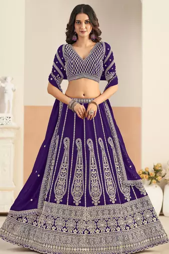 Purple Georgette Zari Work Semi Stitched Lehenga Choli Size Up To 42