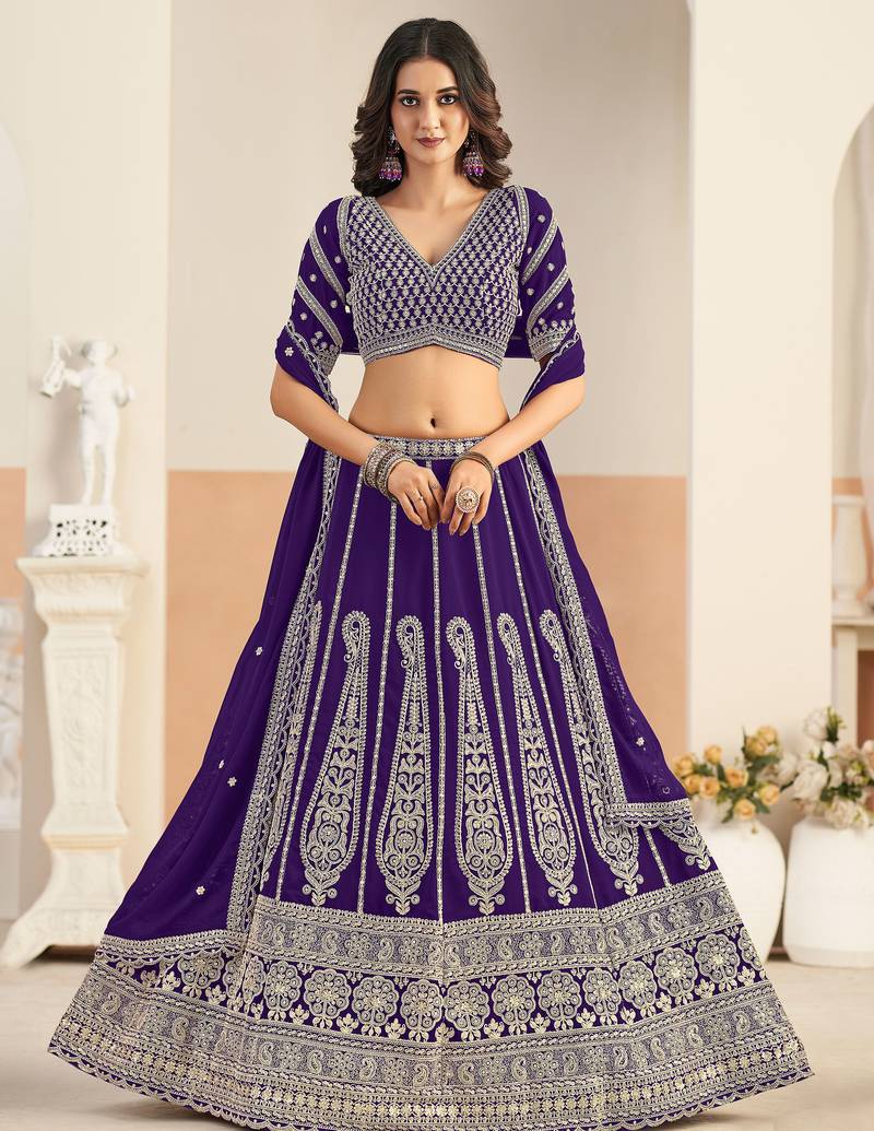 Purple Georgette Zari Work Semi Stitched Lehenga Choli Size Up To 42
