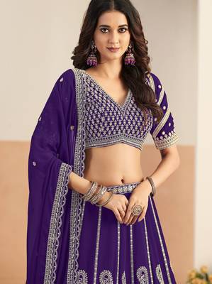 Purple Georgette Zari Work Semi Stitched Lehenga Choli Size Up To 42 2