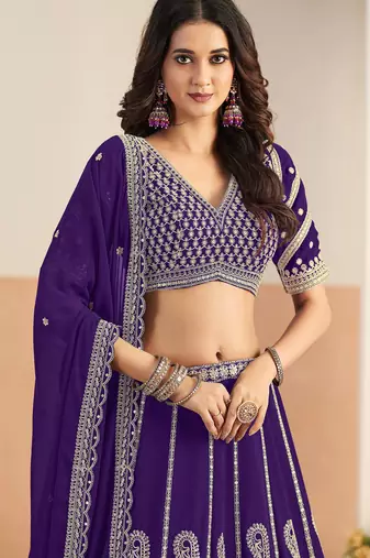 Purple Georgette Zari Work Semi Stitched Lehenga Choli Size Up To 42